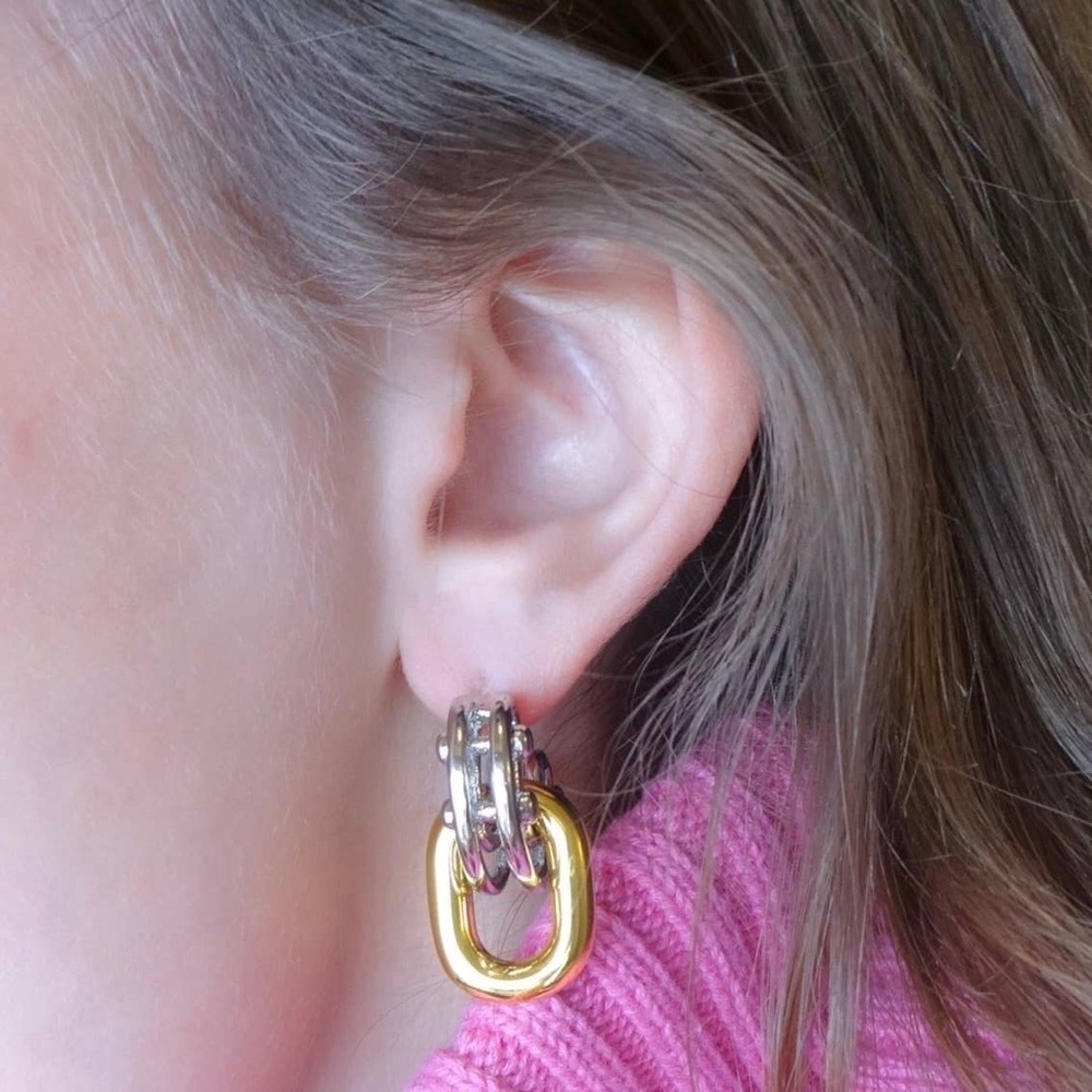 KIKICHIC Two-Tone Modern Dangle Stud Earrings 14k Gold and Silver Plated - Picture 3 of 3